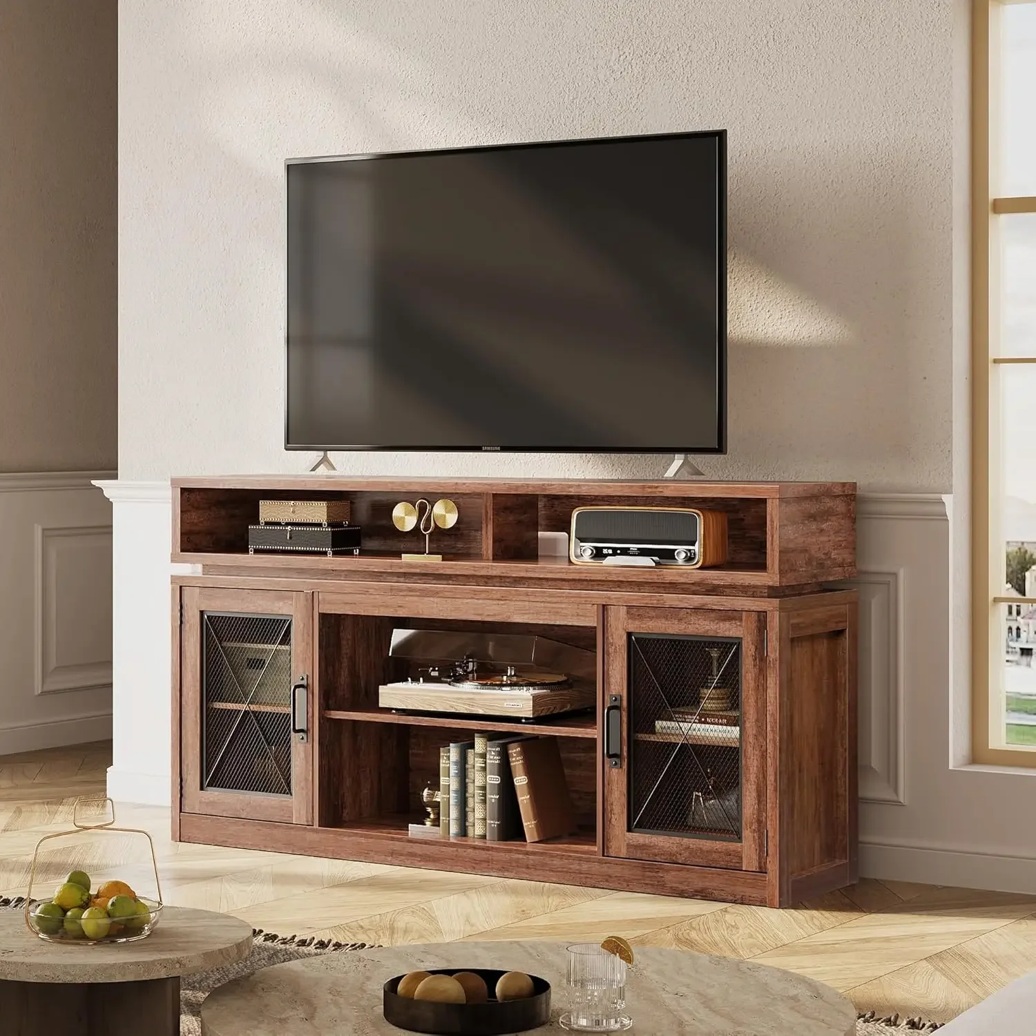 Farmhouse TV Stand for TVs Up to 65 Inches, Tall Entertainment Center with Storage Cabinets & LED Lights, Customized