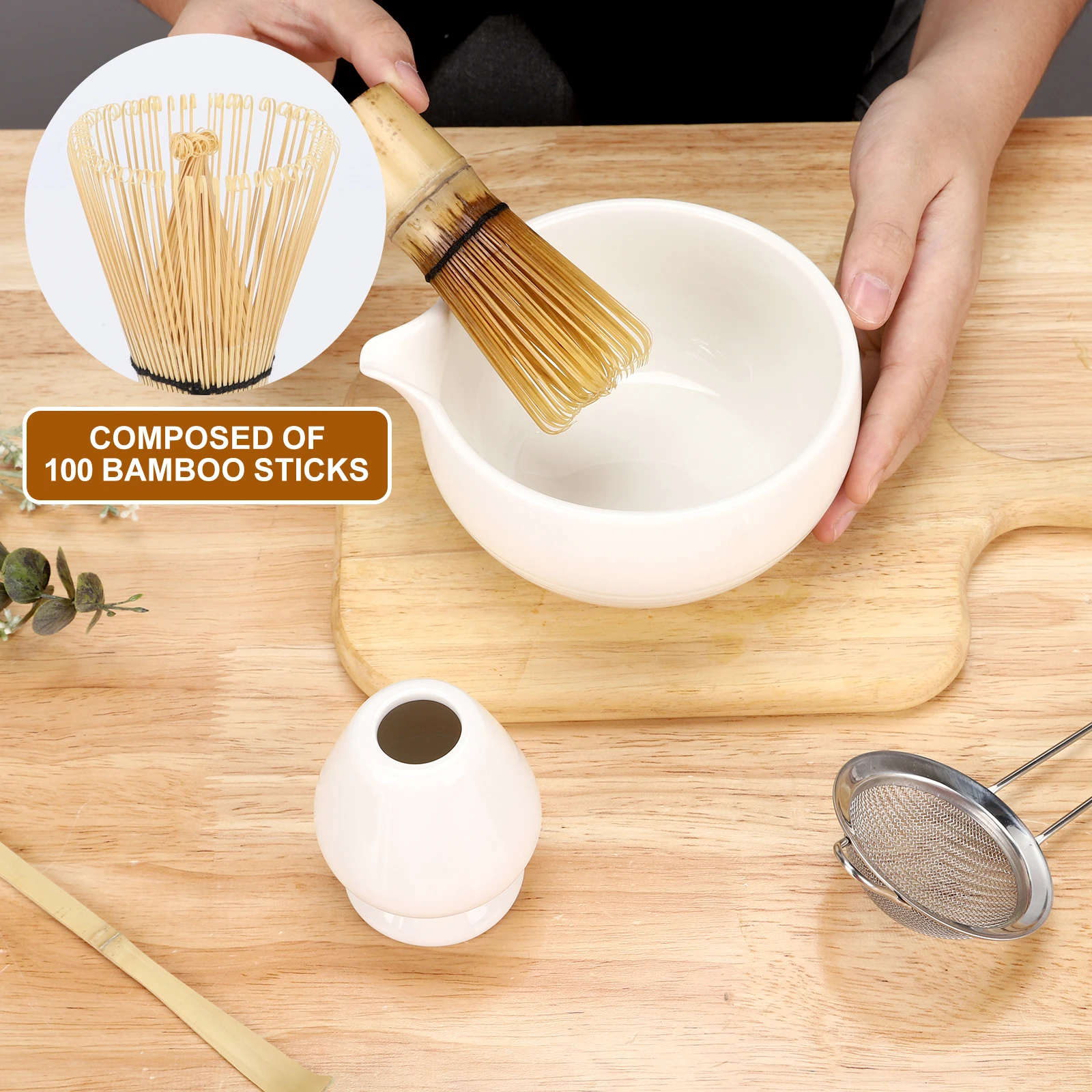 Matcha mixing tool with stainless steel sieve ceramic bowl bamboo brush to make matcha set