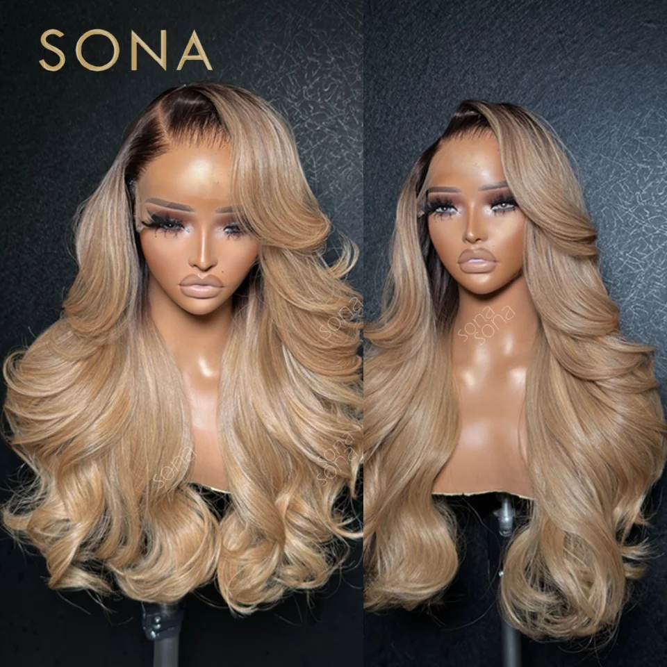 

4/27 # Парик с кружевной передней частью 13x6 из натуральных волос, коричневые корни, пепельно-русый, волнистый, омбре, HD прозрачное кружево