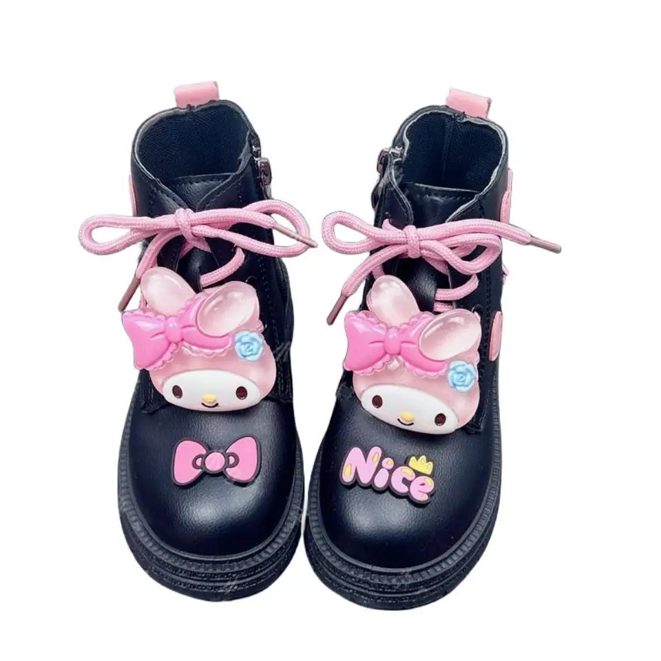 Anime Kawaii Sanrio My Melody Kuromi Velvet Warm Girl Martin Boots British Style Soft Sole Anti-Slip Cartoon Cute Kid Short Boot