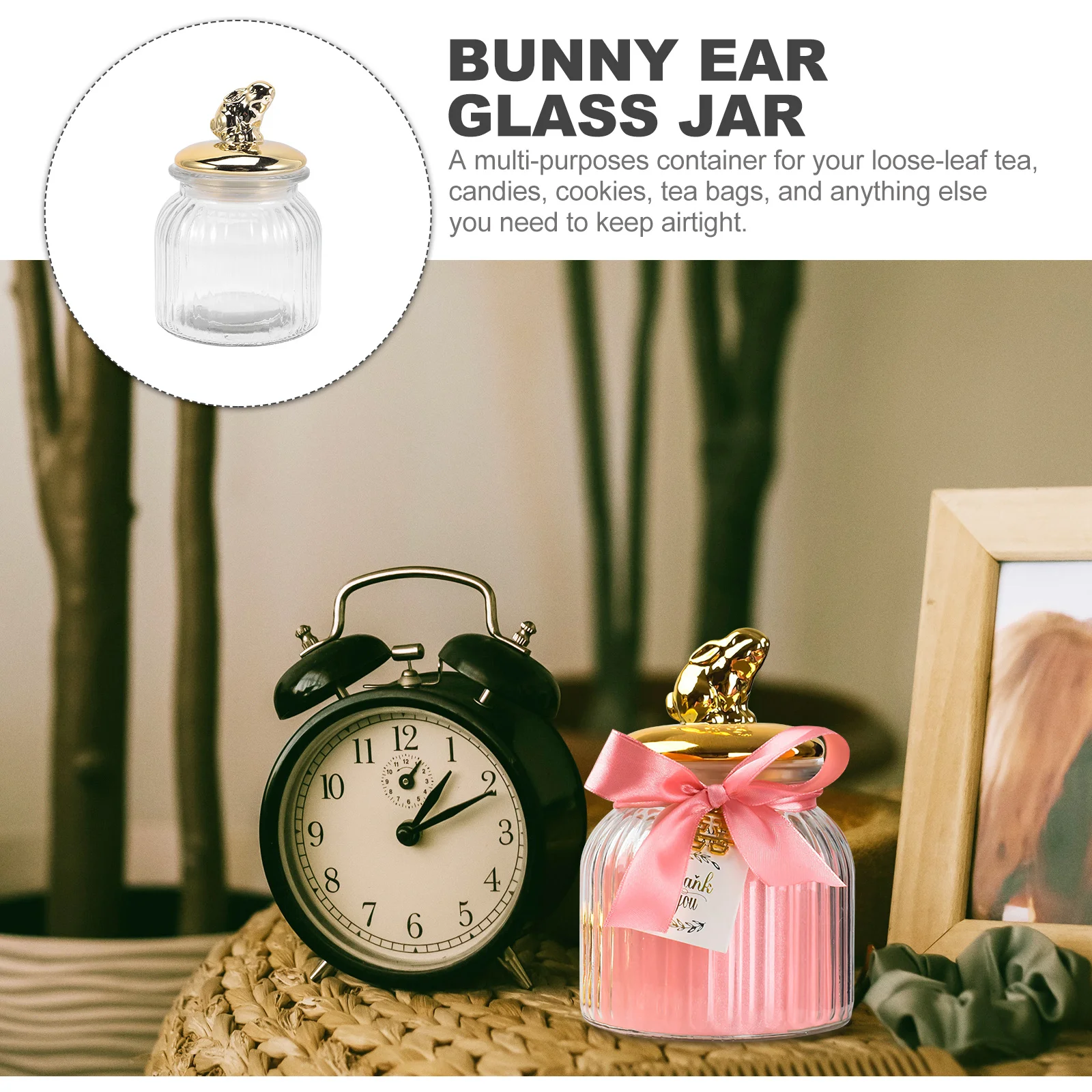 

Bunny Ear Glass Jar Airtight Sealed Container for Candy Cookies Tea Bags Multi-Purpose Kitchen Storage Treat Jar