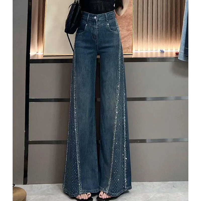 

Women's High Waist Wide Leg Jeans Vintage Washed Rhinestone Side Seam Flared Denim Pants Party Streetwear Y2K washed pants Lady