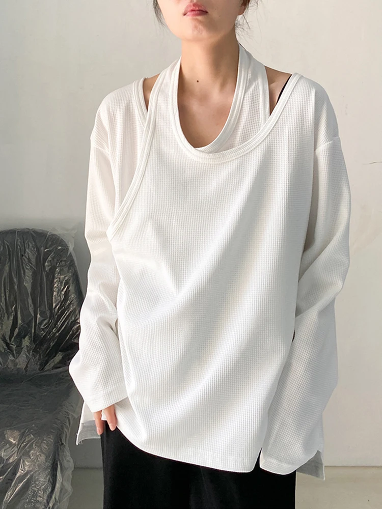 [EAM] Women White Irregular False Two Big Size Casual T-shirt New Round Neck Long Sleeve Fashion Tide Spring Autumn 2024 1DF8508