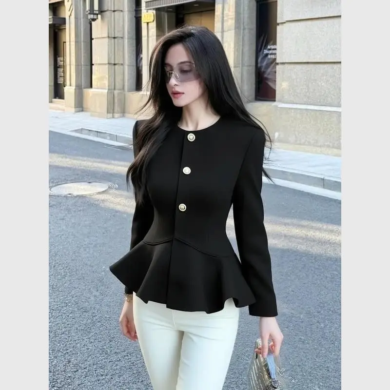 Giacca nera con pizzico in vita da donna 2026 Cappotto primavera autunno Bella occasione importante Top corto con bordo arricciato in vita stretta