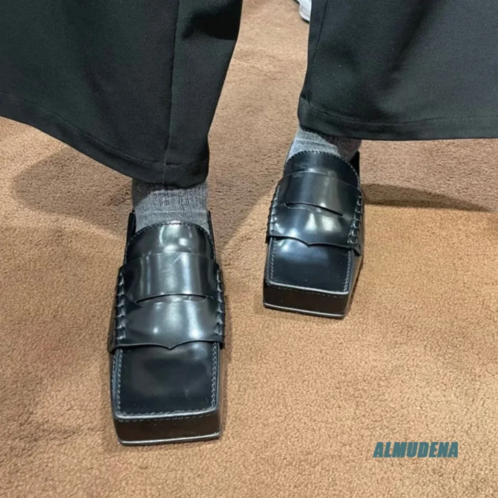 Street Style Men Square Toe Backless Loafers Glossy Leather Slip On Mules Trendy Urban Daily Commuter Slip-On Casual Dress Shoes