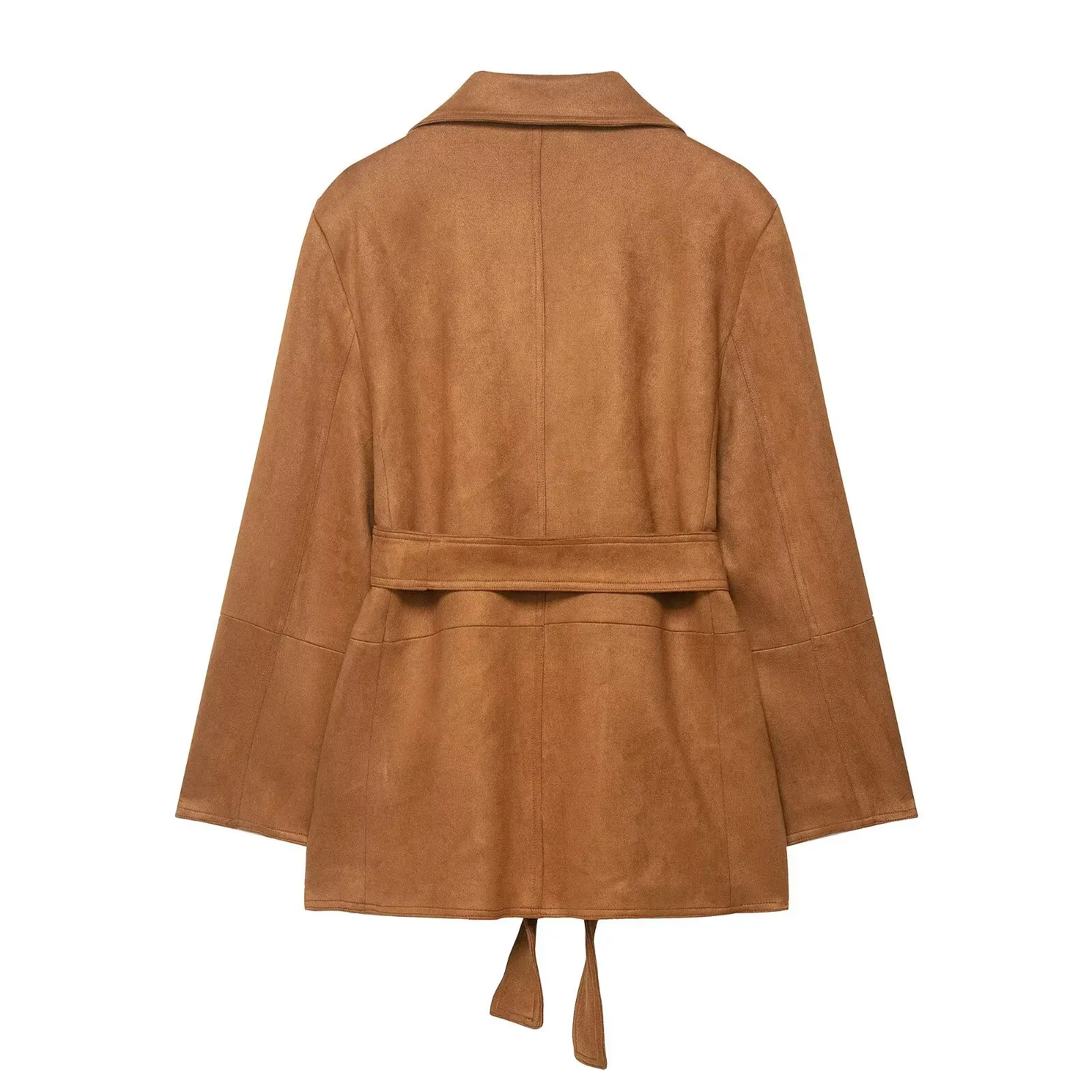 Women's Suede Blazer Camel Brown Suede Blazer With Belted Waist And Lapel Collar For Women Casual Elegant Style Outerwear MWBE