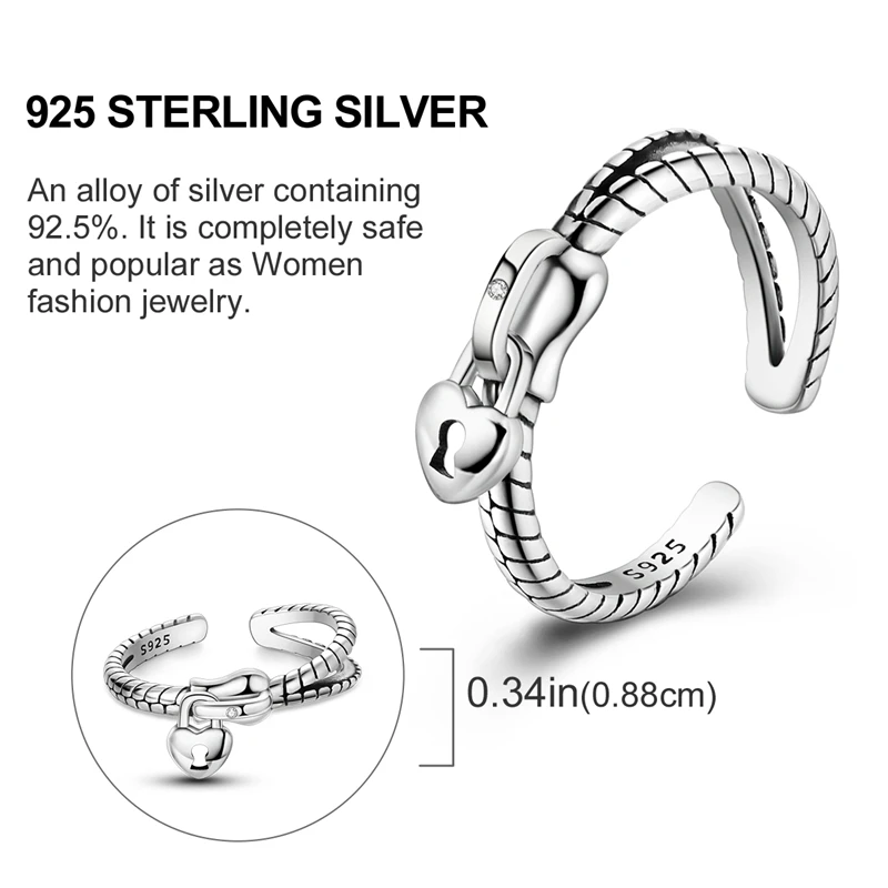 Bague réglable en argent 925 Love Lock pour couple, fermeture éclair, ouverture, romantique, créatif, polyvalent, à la mode, 1 pièce