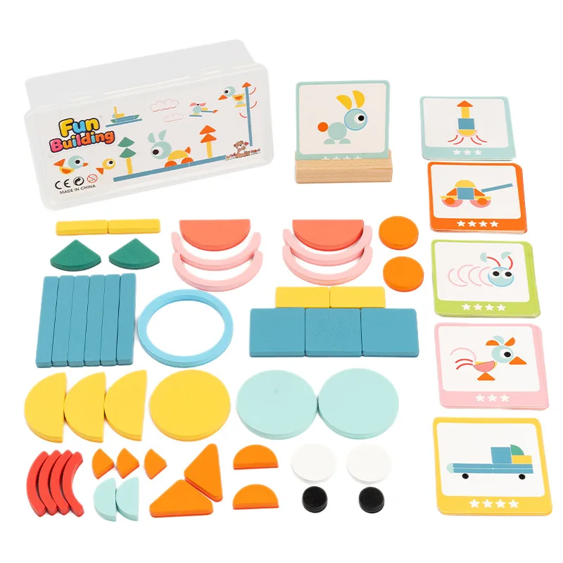 Wooden Pattern Blocks Shapes for Kids Geometric Tangram Puzzle with Activity Cards Montessori Learning Educational Toys Gift