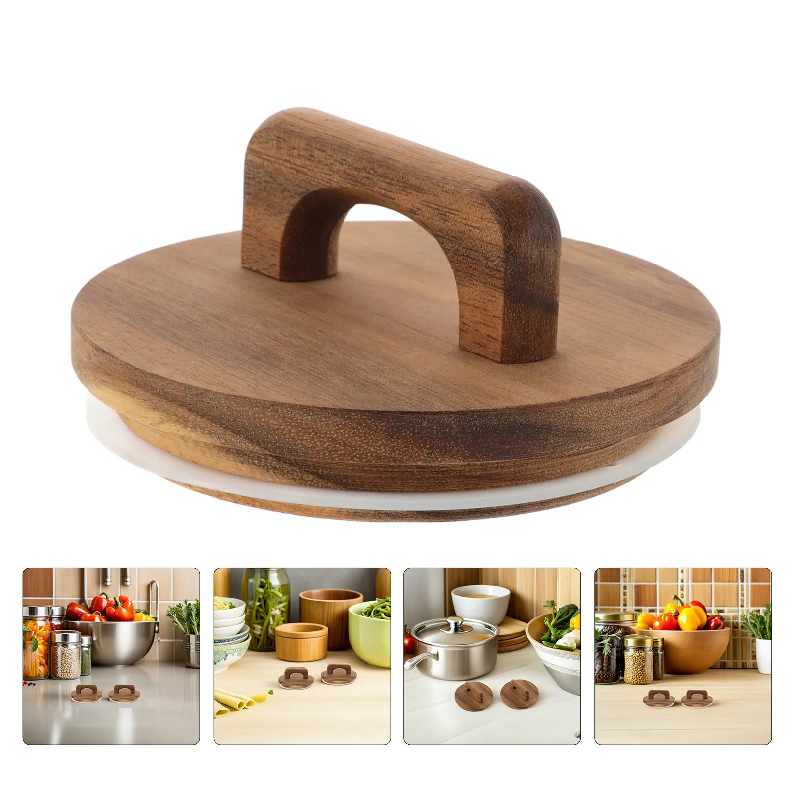 

4Pcs Airtight Wooden Jar Lids Acacia Wood Round Sealed Covers Handles Canning Mason Storage Pantry Food Preservation