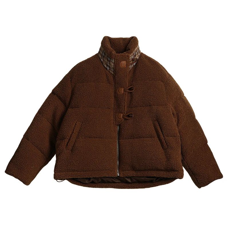 OLrain Women's Fashion Down Coats 2025 Autumn Commute Zipper Loose Fit Jackets Long Sleeve Plaid Patchwork Coats GO57DY000815