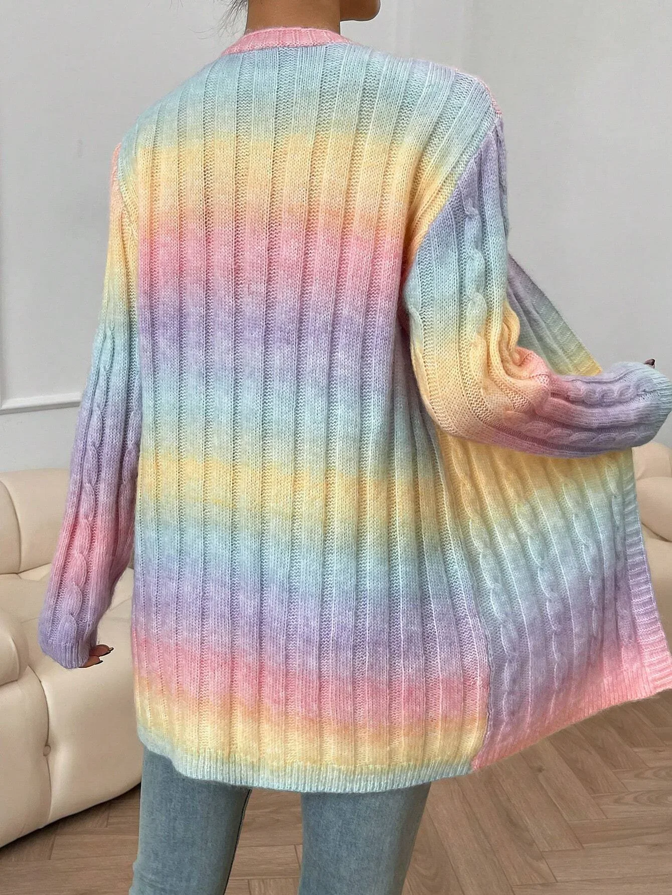 Autumn Vintage Cardigans Winter New Women\'s Sweater New Pockets Rainbow Tie-dye Mid-length Cardigan Knitted Sweater Jacket