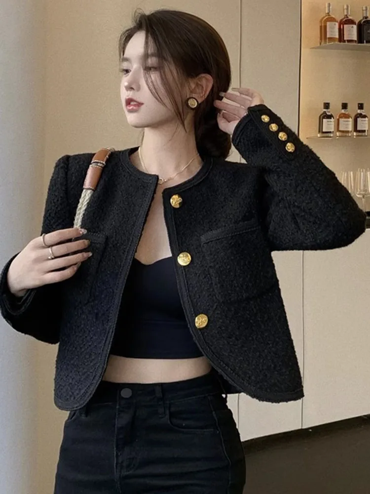 Women O-neck Tweed Cropped Woolen Jackets Korean Single Breasted Wool Blend Tops Coats Spring Fall Casual Short Chic Abrigos New