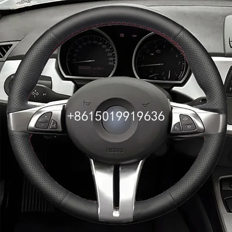 For BMW Z4 E85 2003-2006 Steering Wheel Cover DIY Hand-stitched Black Leather Red Thread Car Interior Case