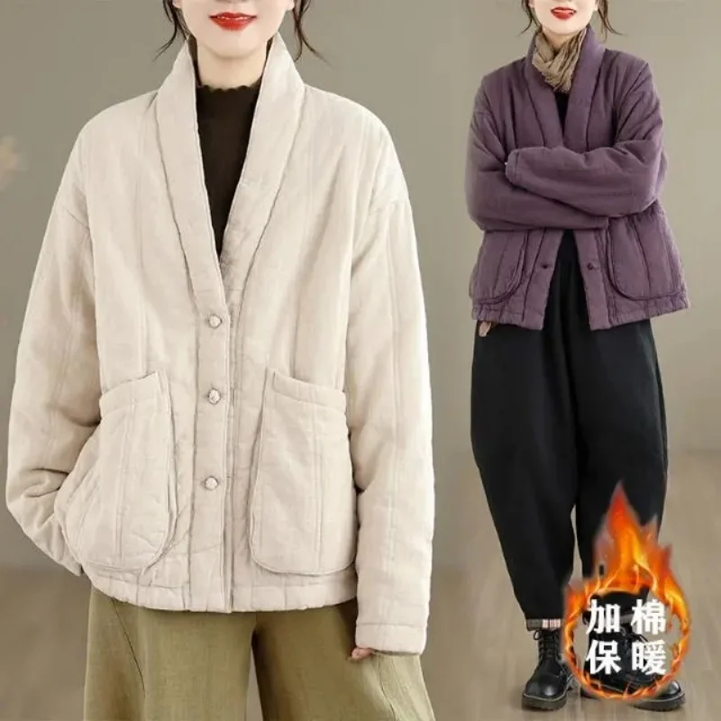 

Женская стеганая куртка из хлопка и льна большого размера, плотная теплая, художественная ретро осенне-зимняя однотонная однобортная куртка w1589