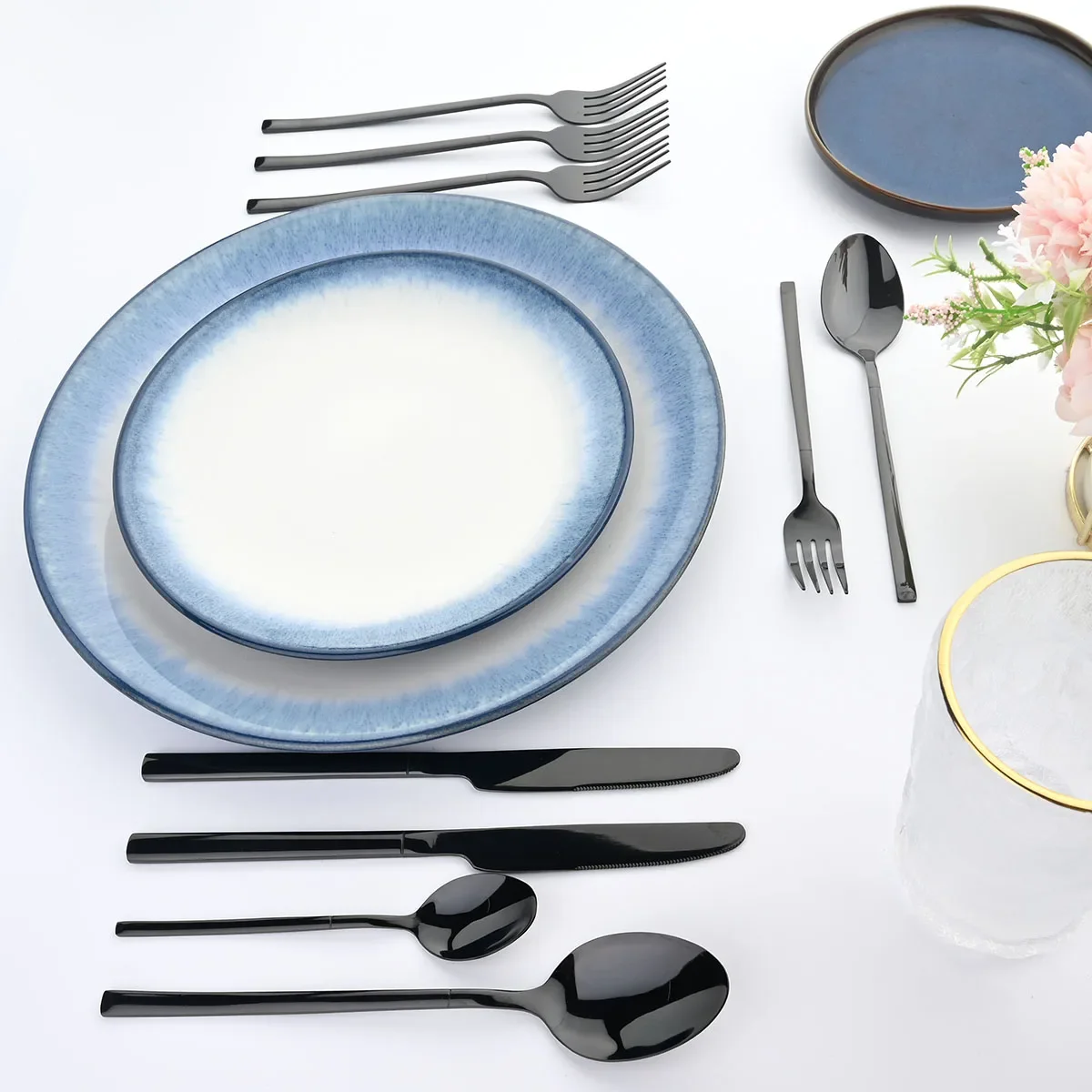 24pcs Dinnerware Sets Stainless Steel Black Tableware Set Knife Fork Spoon Flatware Set Cutlery Set Knife Fork Spoon Tea Spoon