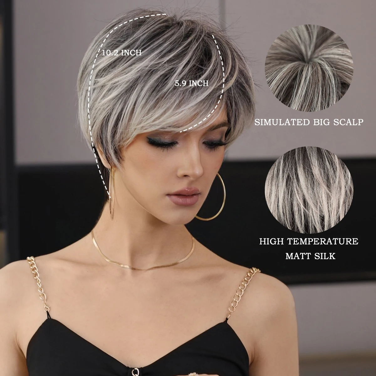 7JHH WIGS Ombre Black Blonde Bob Wig for Women Daily Party Synthetic Straight Short Hair Wig with Fluffy Bangs Pixie Cut Wigs