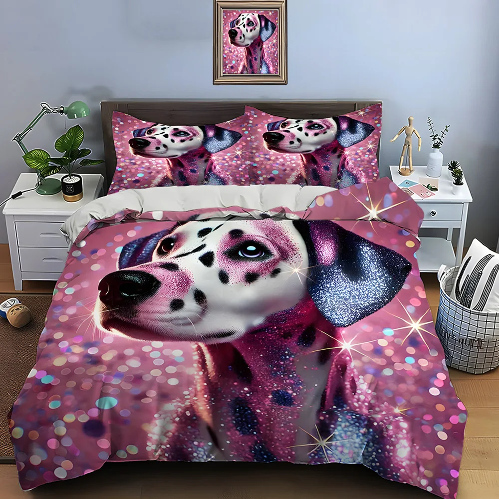 Sparkly Dalmatian Pink Background Pattern Duvet Cover Set Digital Print Colorful Polyester Bedding with Zipper Closur