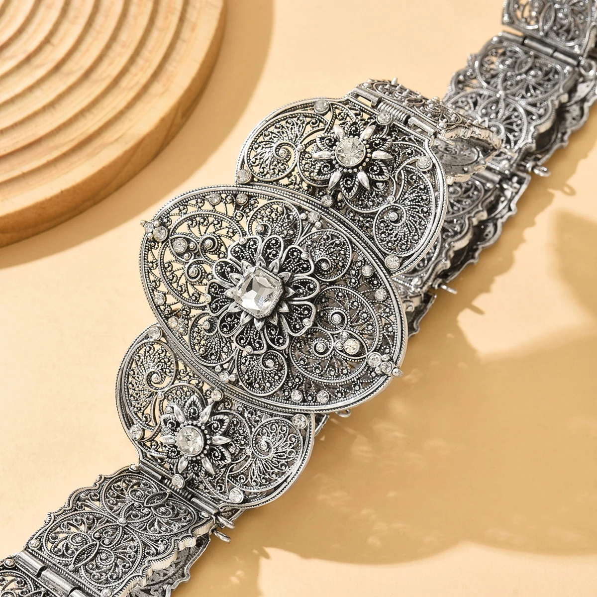 Bauchkette, verstellbare Länge, Antik-Silber-Farbe, Schmuck, Fatima, modisch, schick, kaukasische Braut für Frauen, Blumen-Taillengürtel