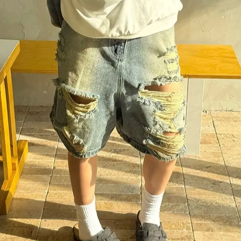 

Streetwear Stylish Ripped Wide Leg Denim Shorts Summer Rough Selvage Women's Clothing Casual Pockets Spliced Basic Loose Shorts
