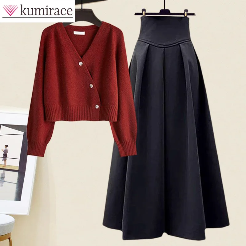 Autumn 2023 New Western Fashion Large Women\'s Knitted Cardigan Sweater Half Skirt Commuter Two Piece Women\'s Skirt Set