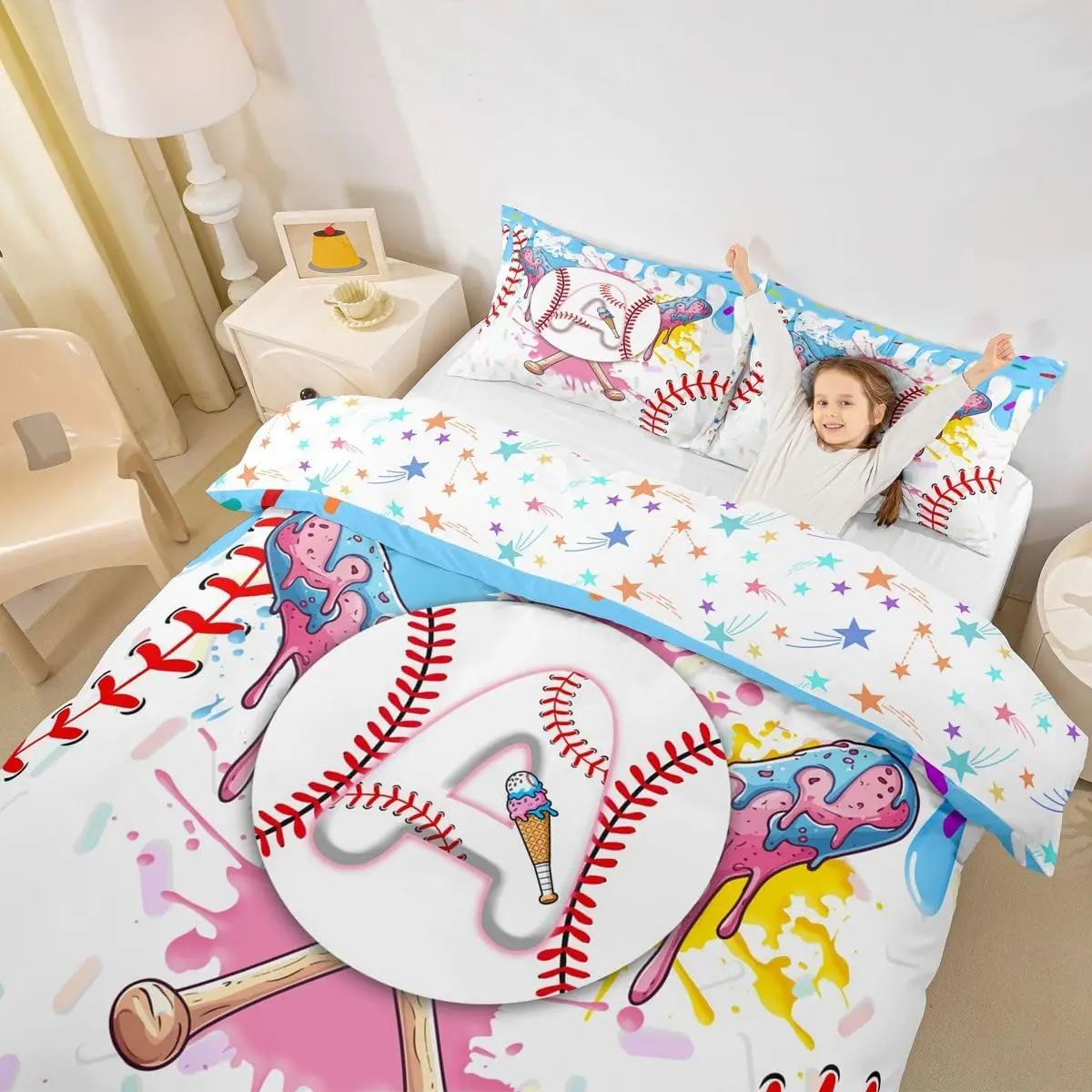 Baseball Cot Bedding Cute Ice Cream Drip Duvet Cover Set Teal Blue Graffiti With 1 Pillowcase Boy Letter A Initial