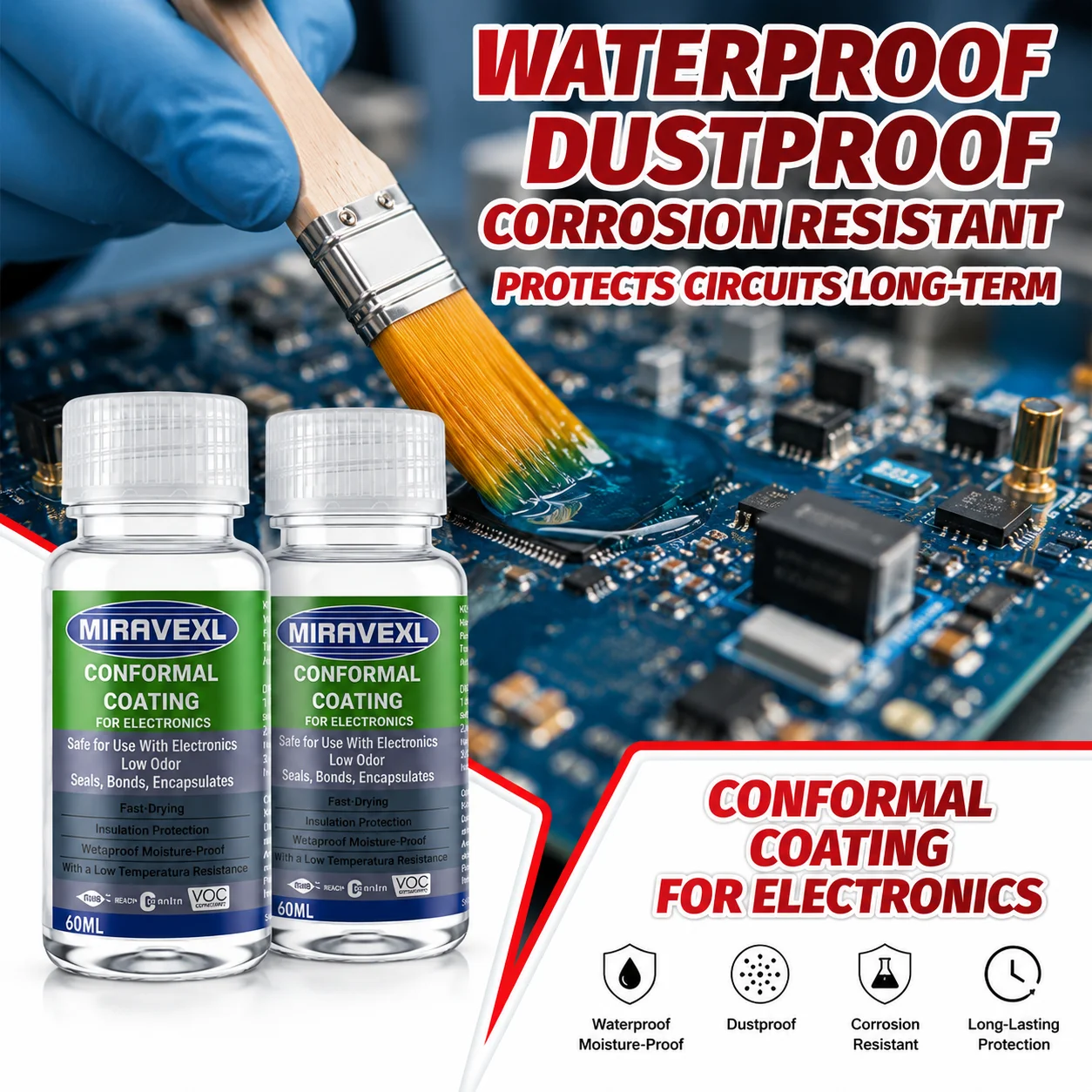 60ml MIRAVEXL Conformal Coating for PCB Electronics Maintenance, Fast-Drying Clear Protective Paint with Application Brush