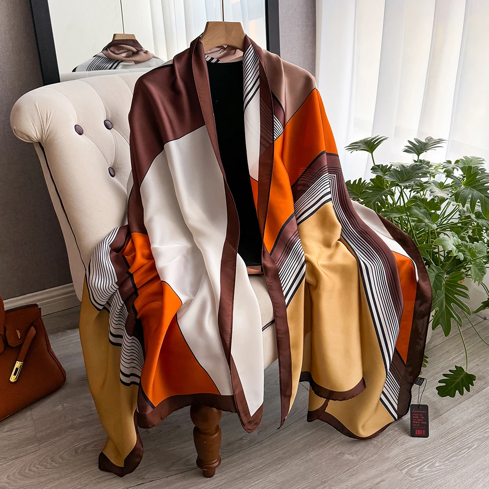 Latest Spring High Quality Soft Silk Scarf Women Ladies Elegant Striped Scarf Fashion Shawl Beach sun Protection Designer Scarf