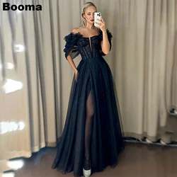 Booma Shiny A-Line Black Prom Dresses Off Shoulder Flowers Special Occasion Dress for Events High Side Slit Long Evening Dress