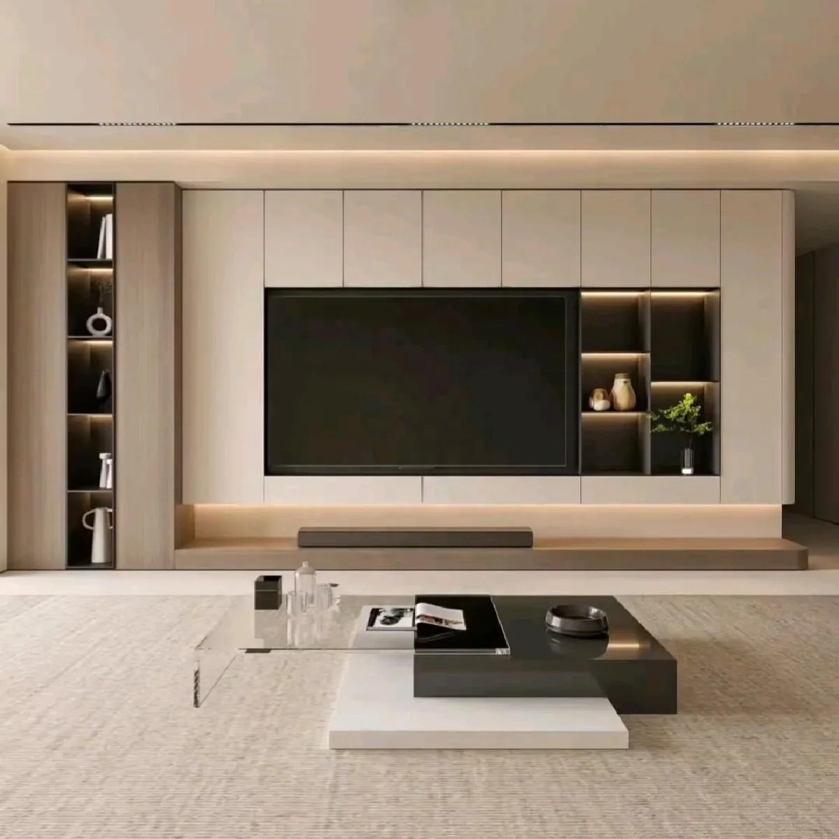 Living room wall panel system with integrated TV cabinet, side cabinet, shoe cabinet and sofa background decoration - custom