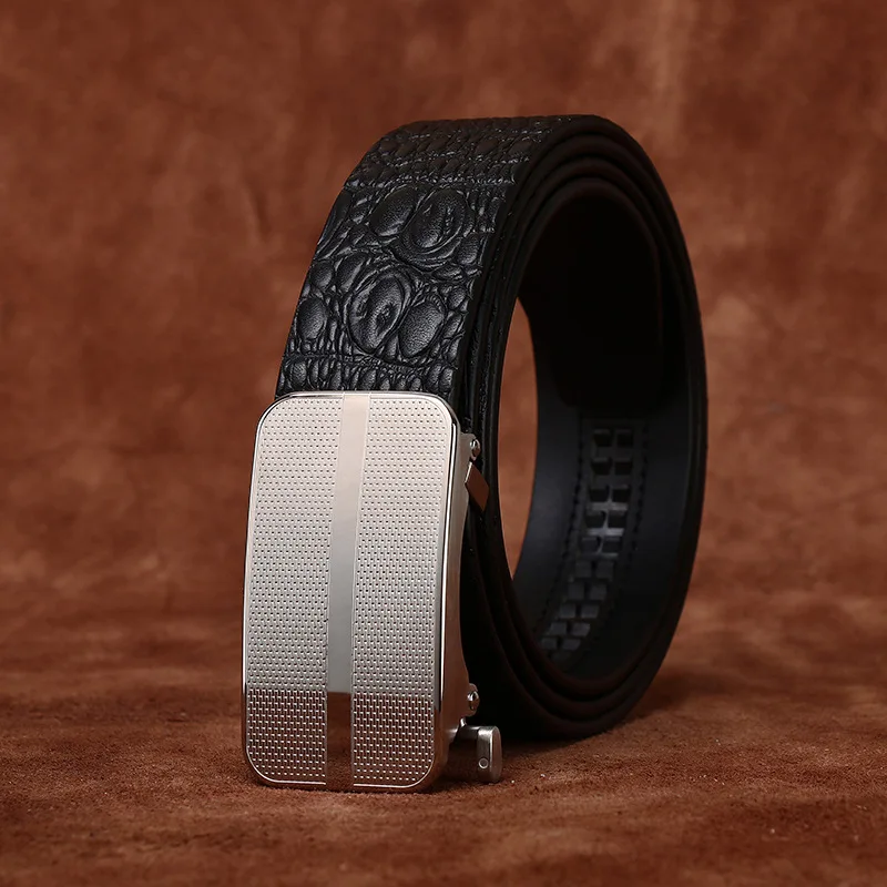 3.4cm Trend Crocodile Pattern Stainless Steel Automatic Buckle Belt Men Genuine Leather Top Layer Cowhide Business Formal Belt