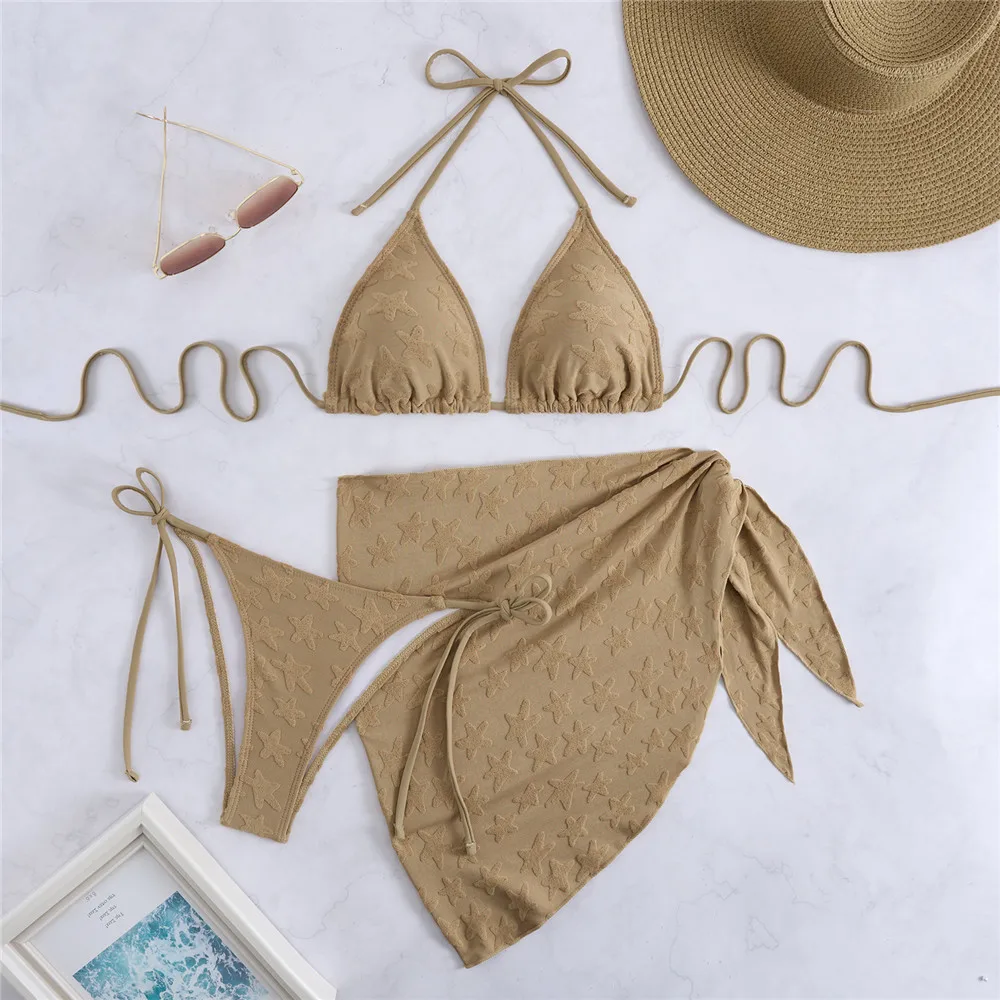 

Khaki Star Emboss Bikinis Sets 3 Piece 2026 Cover Ups Swimwear Micro Thong Sexy Swimsuit Women Halter Triangle Bikini Beachwear