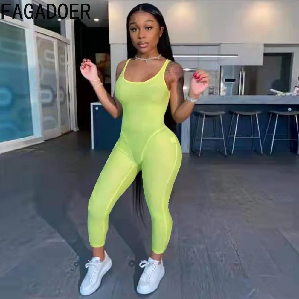FAGADOER Sexy Bodycon Thin Strap Jumpsuits Women Solid Sleeveless Skinny Pants Playsuits Casual Sport Fitness Rompers Clothing