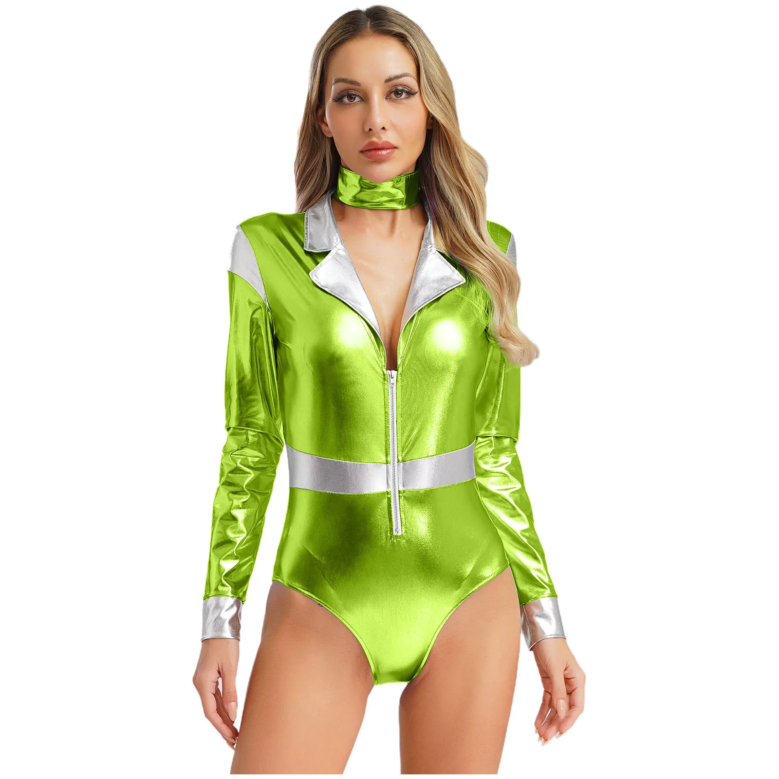 

Women Shiny Metallic Outer Space Alien Astronaut Cosplay Costume Long Sleeve Jumpsuit with Choker Rave Party Halloween Costume