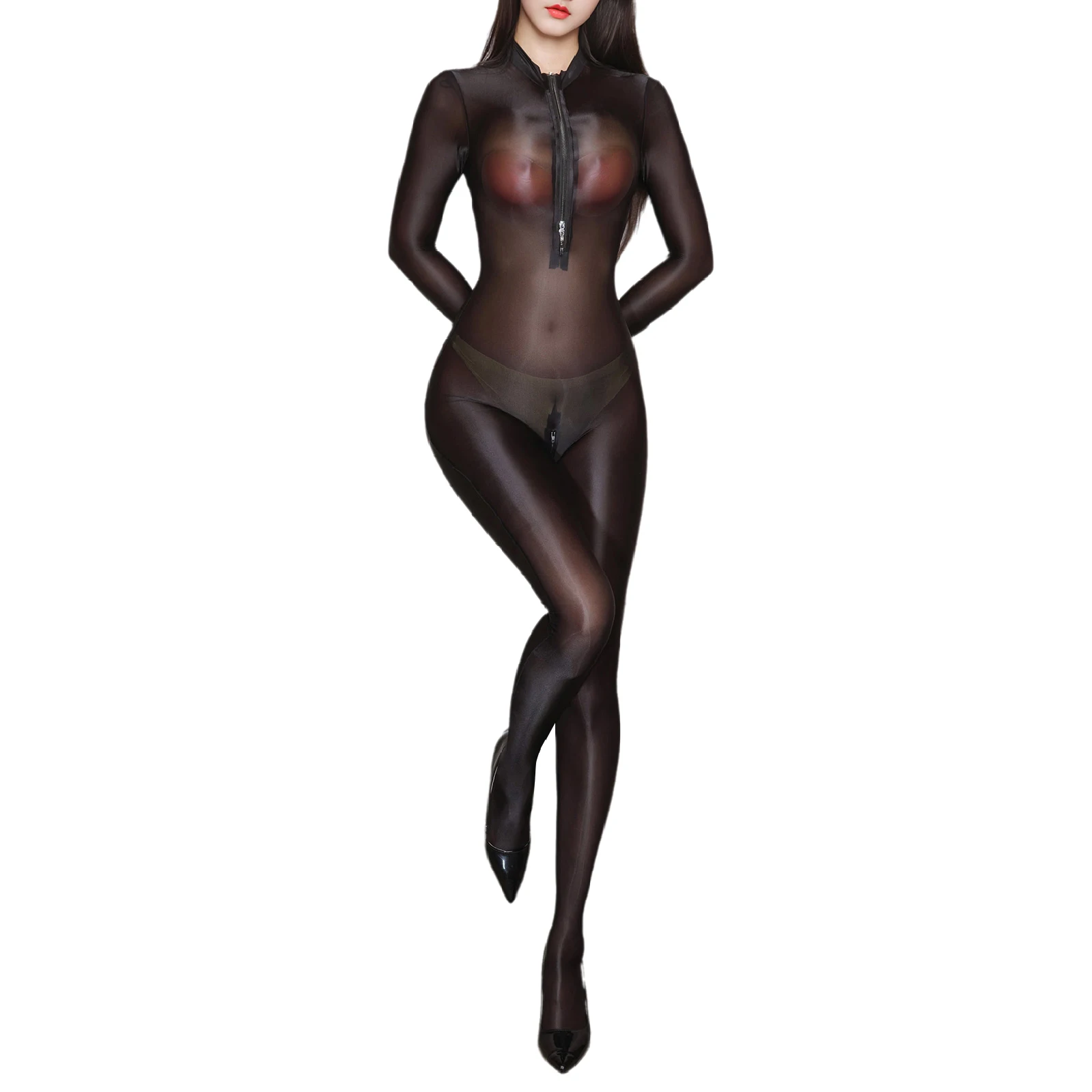 

Women Oil Glossy Tights Bodystocking Sheer See-Through Full Body Stocking Ultra Thin Zipper Crotch Bodysuit Pantyhose Club Wear