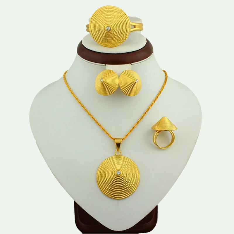 

FS New Ethiopia Hat Spike Jewelry Set Gold Color With Zircon African Solid Geometry Bride Wedding Jewelry Sets For Women