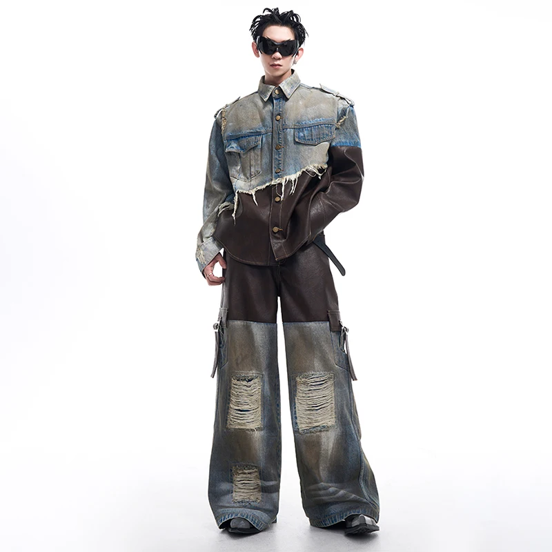 MWJQ American Vintage Male Sets Spliced Destroy Style Lapel Denim Jacket High Street Worn-out Hole Design Pants Tide 010074