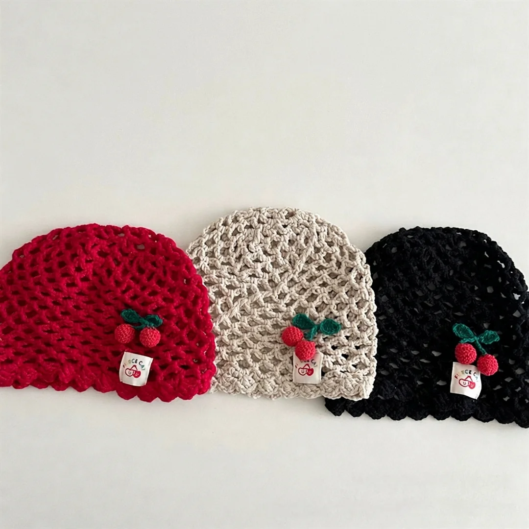 Girls Crochet Cherry Hat Cotton Knit Hollow Beanie for Kids Cute Fruit Embellishment Autumn Warm Hair Accessories Photo Prop