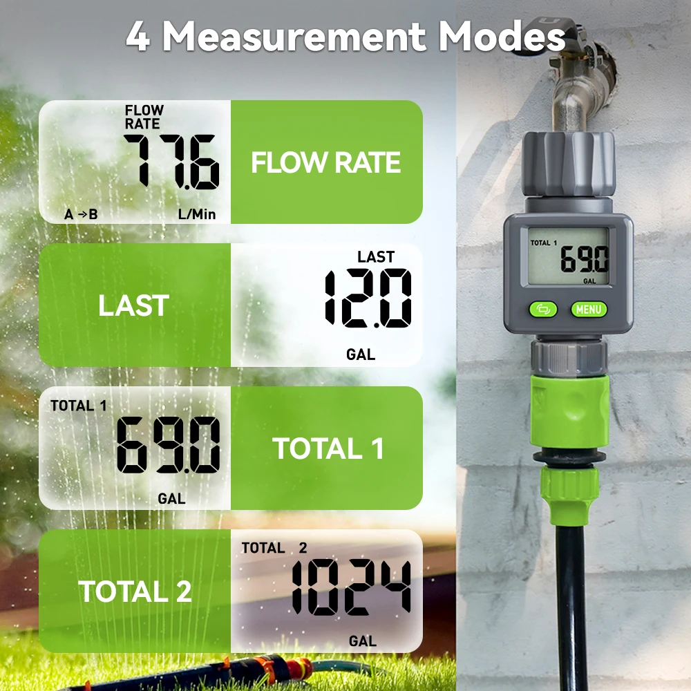 Water Flow Meter Measure Gallon/Liter Consumption and Flow Rate for Garden Hose Watering RV Water Tank Filling Lawn Sprinkler