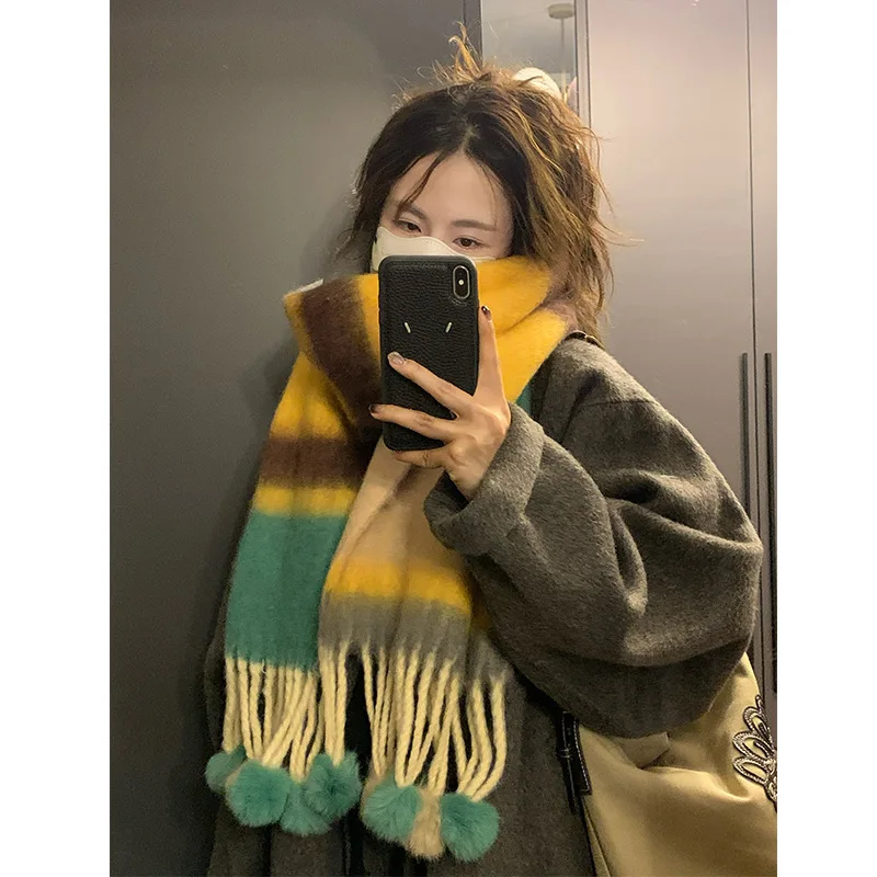 Korea Real Rabbit Fur Ball Warm Dopamine Scarf Soft Stripe Long Shawl Female Colorfur Thermal Y2K Scarf Girls Teen Muffler