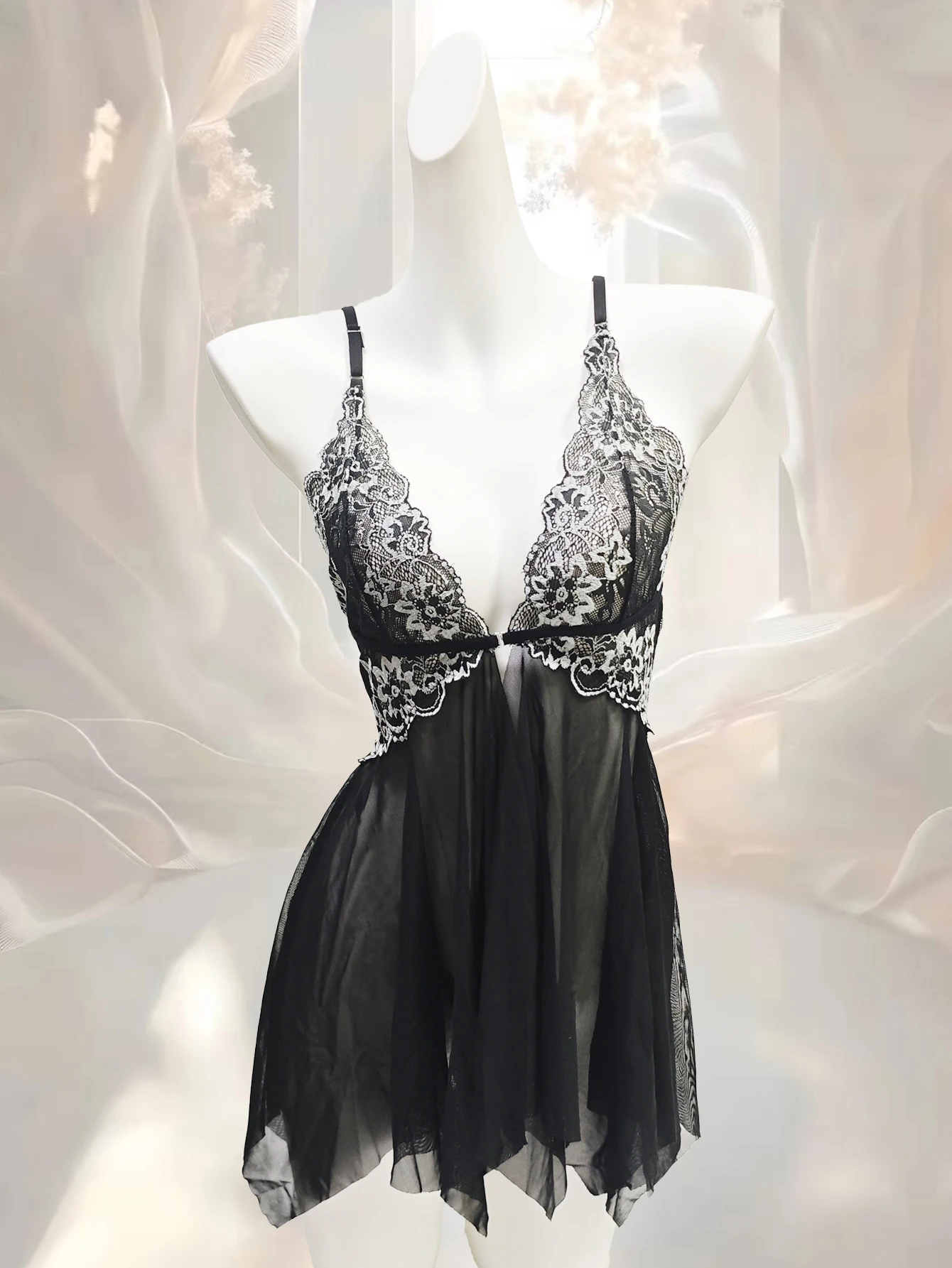 Women Lace Sheer Mesh Babydoll Lingerie, V Neck Spaghetti Straps Irregular Hem Black Nightgown