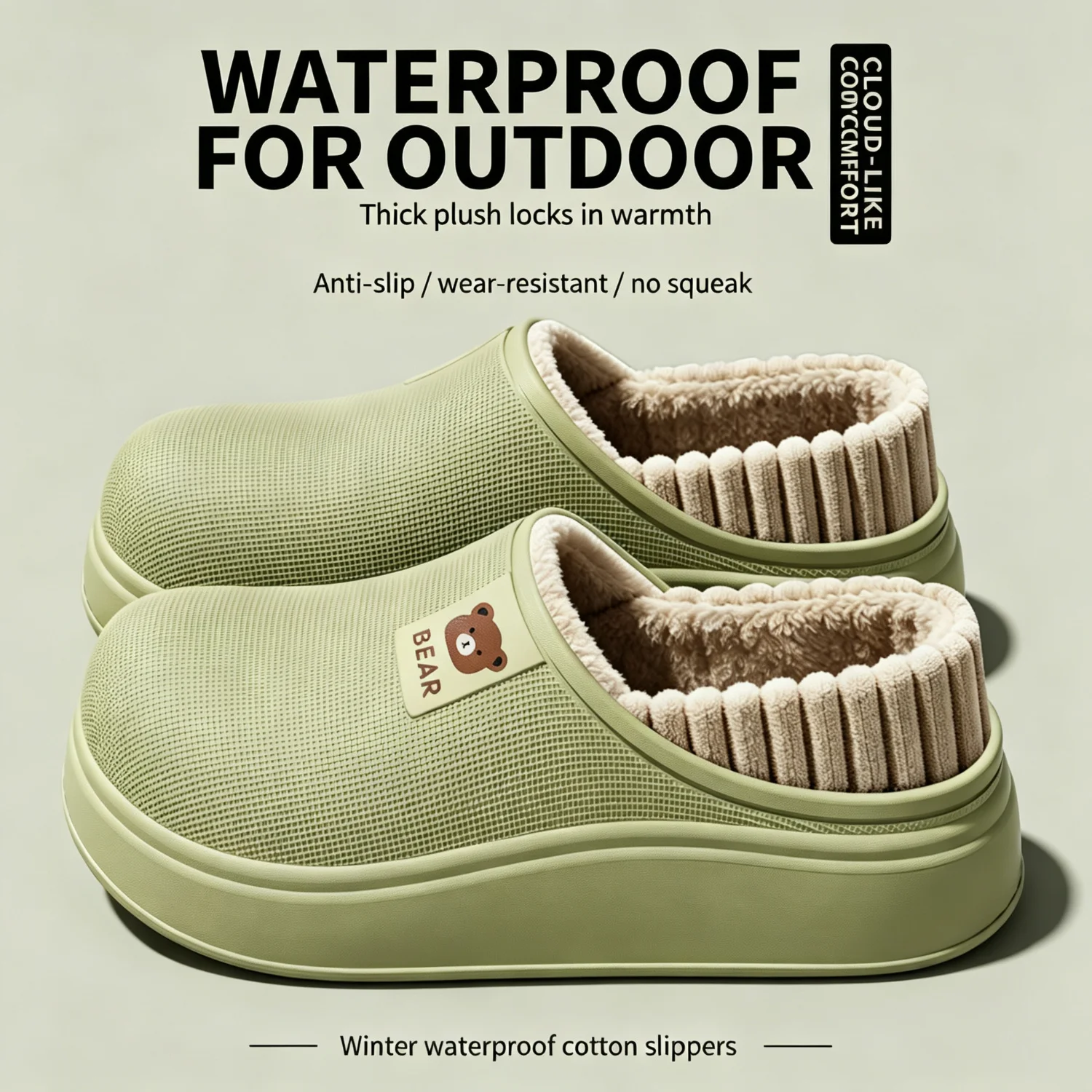 Wasserdichte Winter-Hausschuhe für Damen und Herren, 4 cm dicke Sohle, flauschig warm, für den Innenbereich, rutschfest, mit Fell gefüttert, weiche, gepolsterte Clogs. – Detail 2