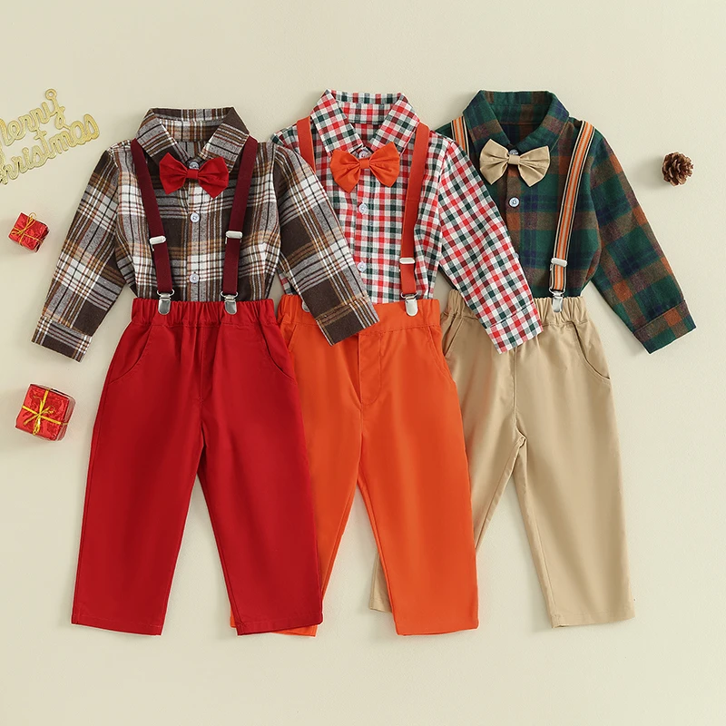 Suefunskry Toddler Boy 2Pcs Suit Plaid Button Long Sleeve Shirt with Bow Tie and Suspenders Pants for Gentlemen Formal Outfit