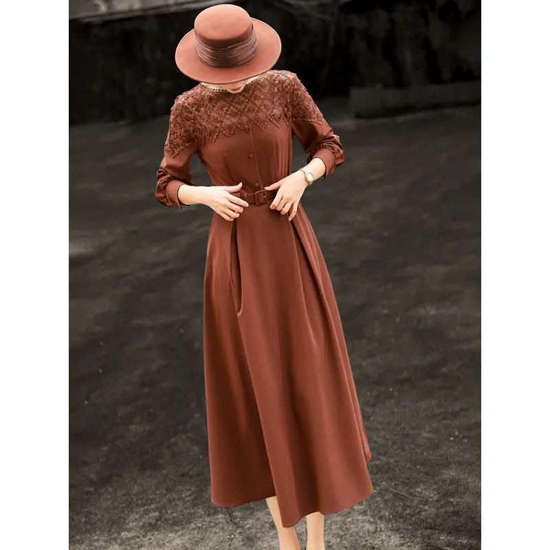 MEXCOCO Women Spring Autumn French Elegant A-line Midi Dress, Luxury Lace Spliced Waist Slim Party Dress