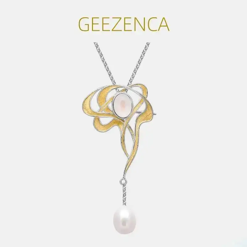 GEEZENCA S925 Silver Pearl Moonstone Amazonite Artistic Curve Brooch Pendant 2 In 1 Dual Purpose Jewelry For Women 2023 New Gift