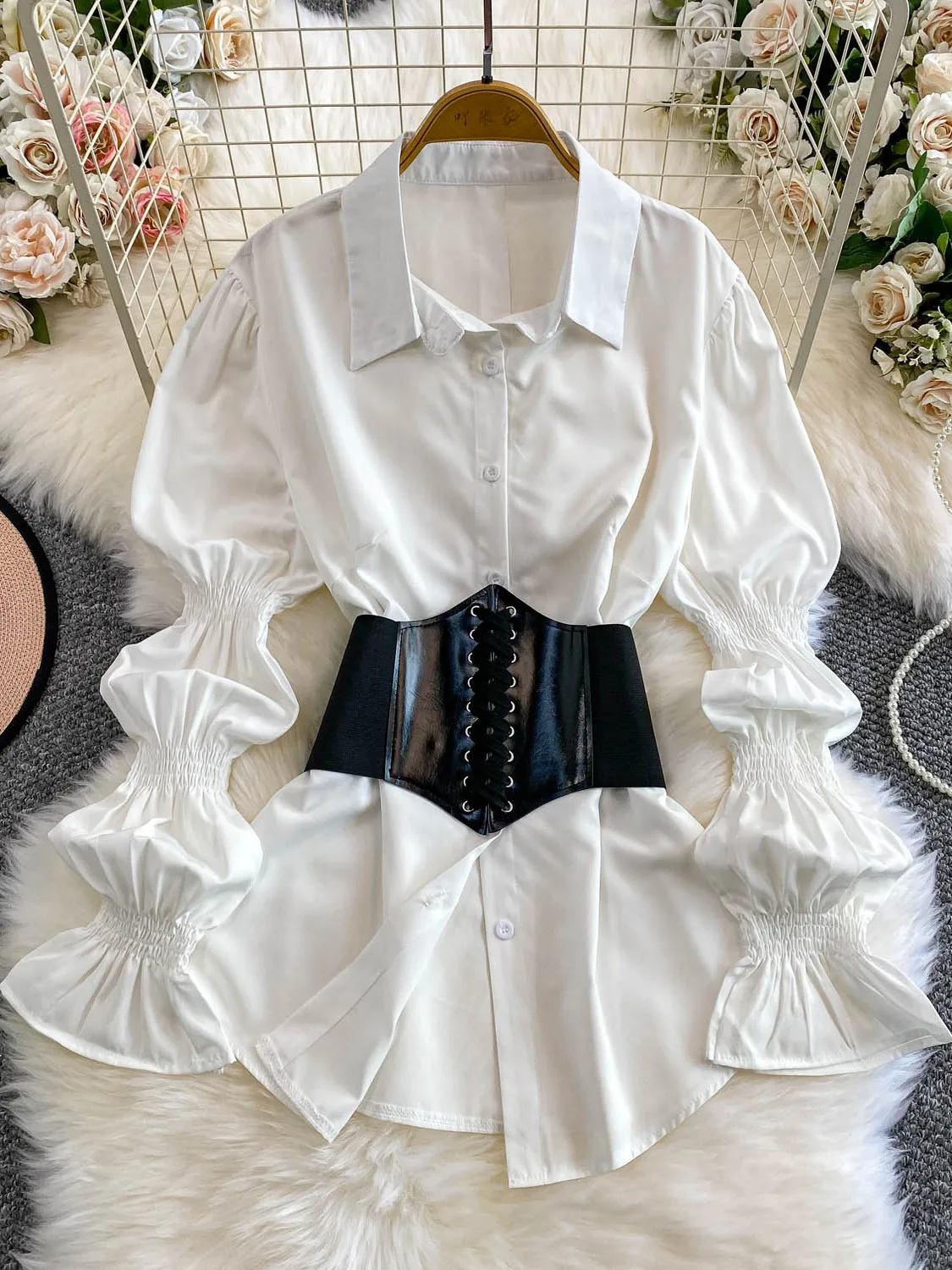 

Women's Lantern Sve irt Dr Slimming Design Belt Waist Beautiful Pleated Autumn Faion European Sle Long Sve Top