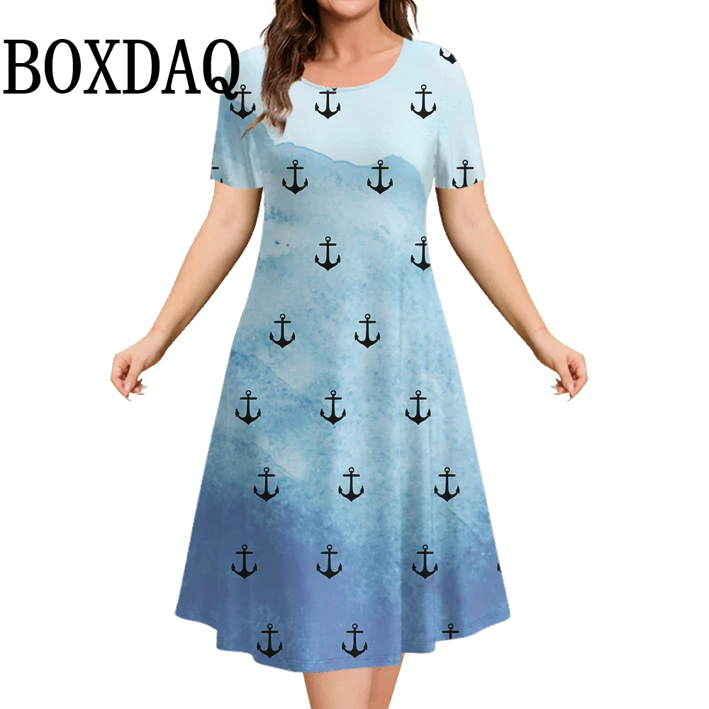 Summer Ladies Dress Anchor 3d Print Dress O Neck Women Short Sleeve Fashion Oversized Dresses Casual Beach Female Loose Pullover