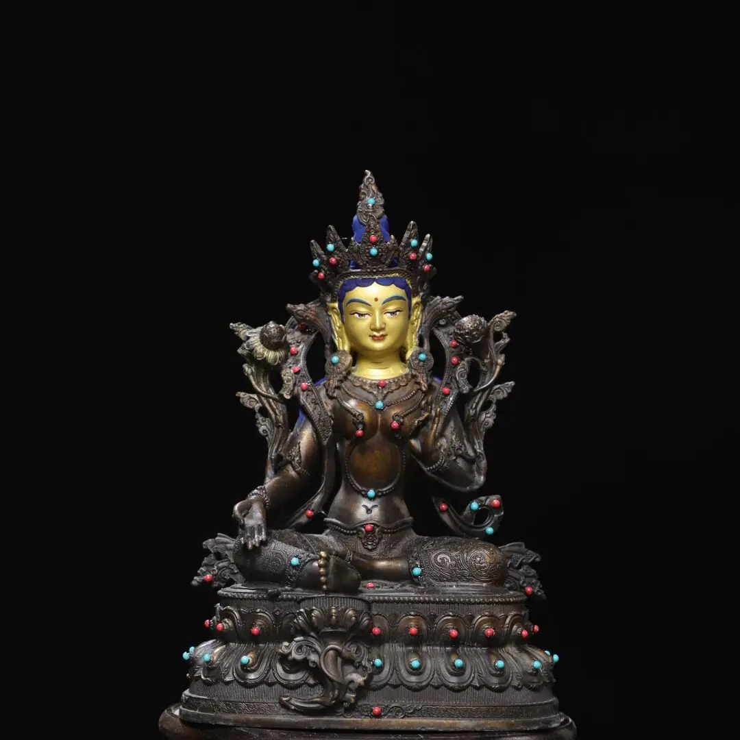 Green Tara Bodhisattva Pure Copper Painted Inlaid Gemstone Tibetan Buddha Statue Home Temple Desk Decor Vintage Gift