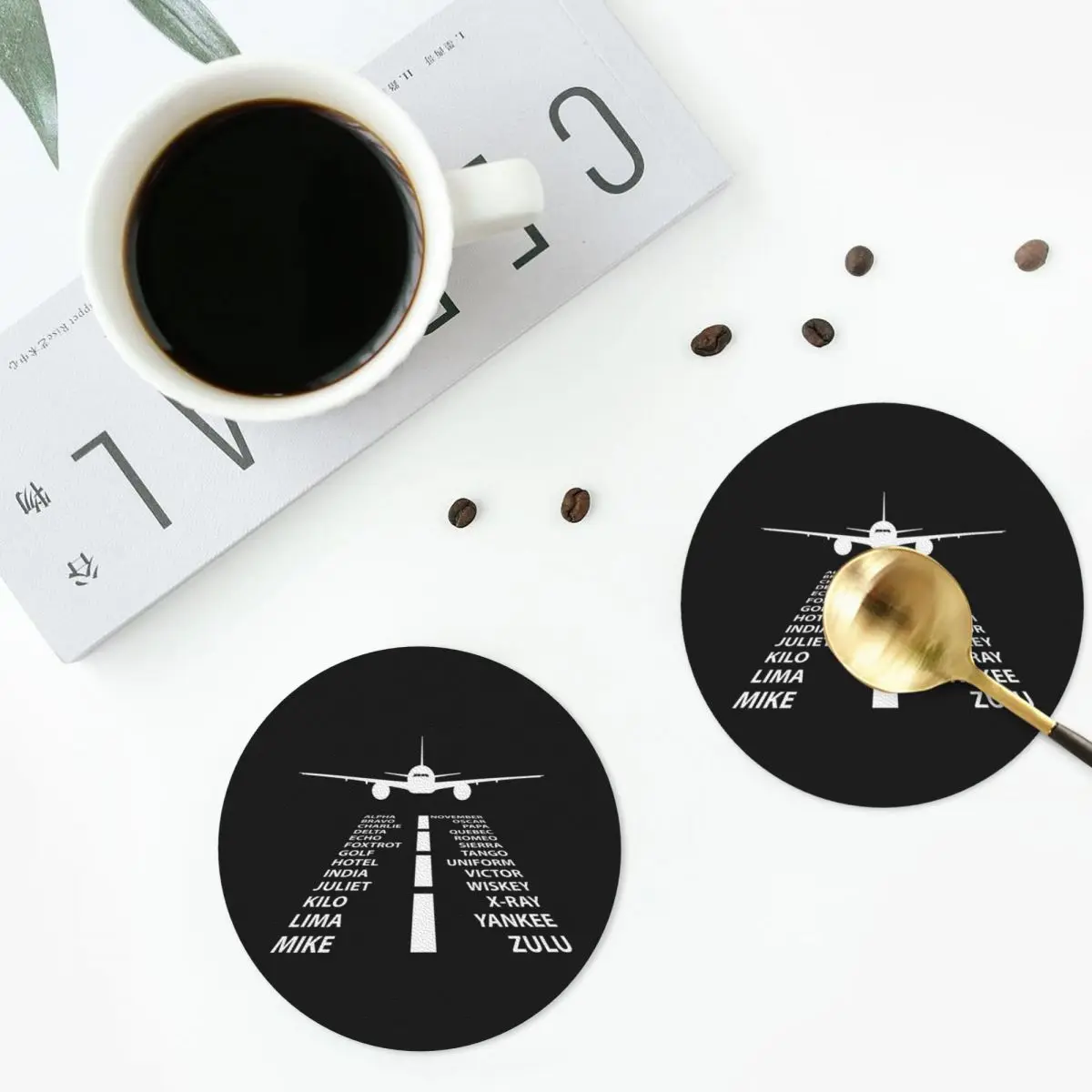 Phonetic Alphabet Pilot Airplane Funny Aviation Gift Coasters PVC Leather Placemats Coffee Mats for Home Dining Pads Set of 6