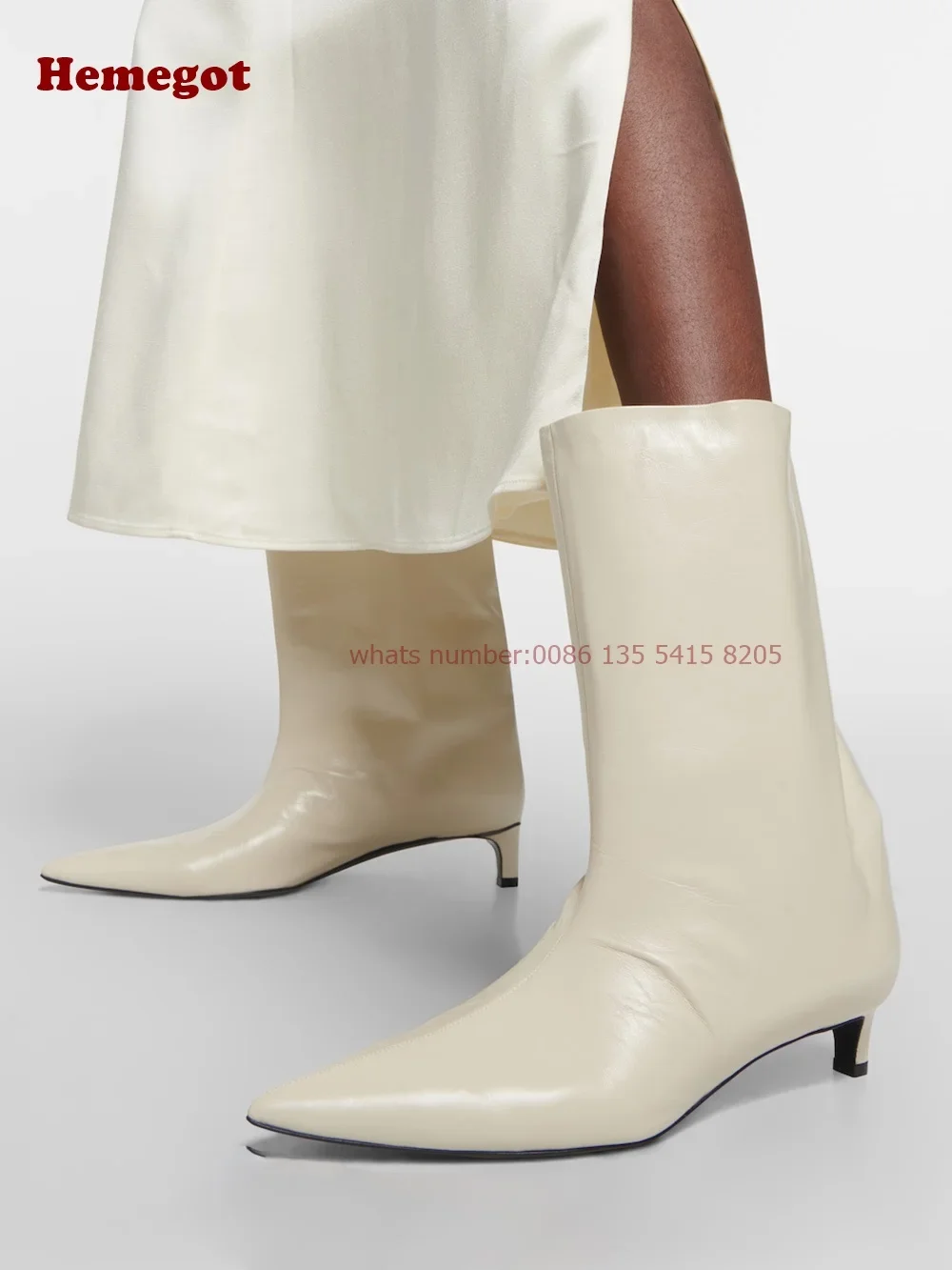 

Silver Metallic Kitten Heels Mid-Calf Boots Pointed Toe Slip On Women's Boots Winter Newest Brand Luxury Runway Shoes Solid 43