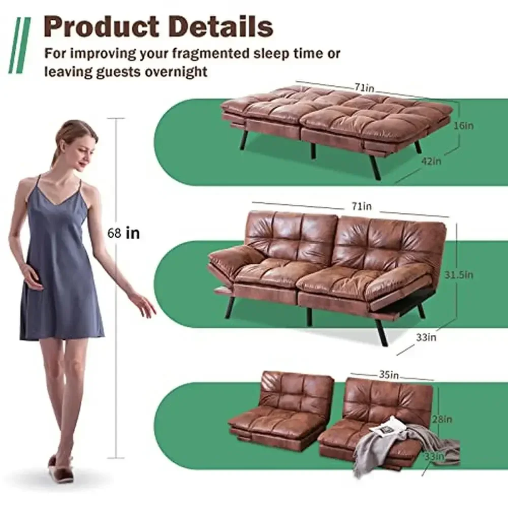 Memory Foam Convertible Sofa Bed Loveseat Compact Living Spaces Studio Apartment Dorm Home Brown Leather Modern Design 3